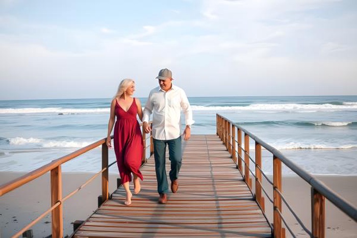 senior couple walking boardwalk by ocean