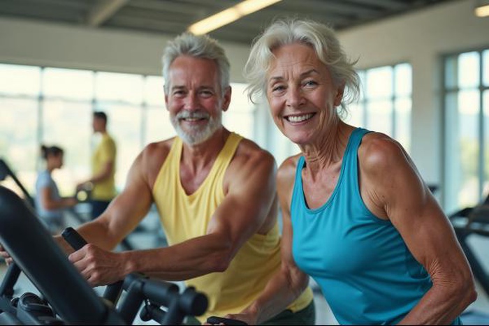 Happy senior couple exercising together on gym stationary bikes