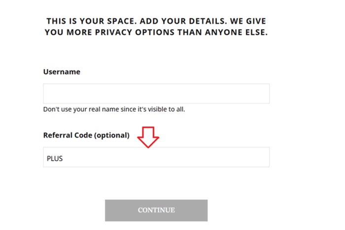 Referral Code field showing promo code PLUS during SeniorMatch registration