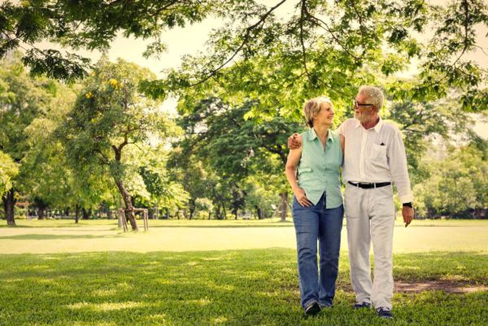 An elderly couple chatting while walking in the park