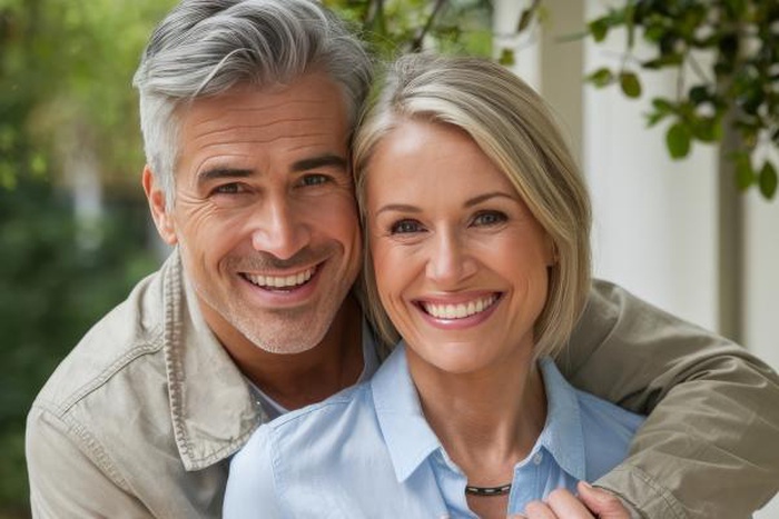 Smiling verified senior couple embracing happily outside their home
