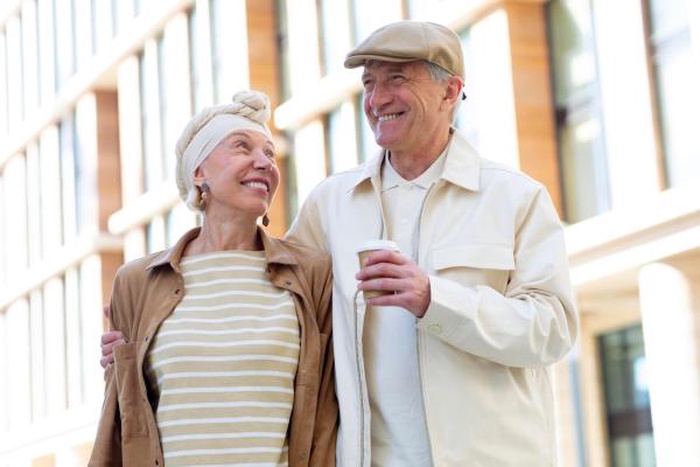 Stylish elderly Caucasian couple walking arm in arm in the city