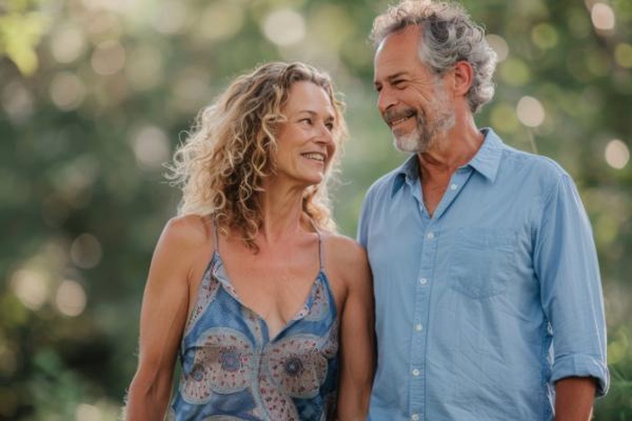 Happy mature couple smiling warmly at each other outdoors amid soft green foliage