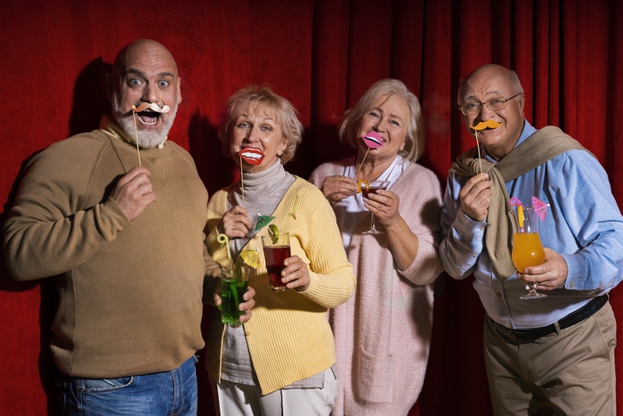 A group of adults over 50 enjoying a lighthearted social event. Activities centered around laughter, conversation, and shared experiences often help mature singles form genuine connections and explore new dating opportunities.