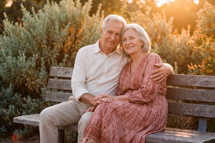 Senior couple shares a moment of love on park bench during golden hour