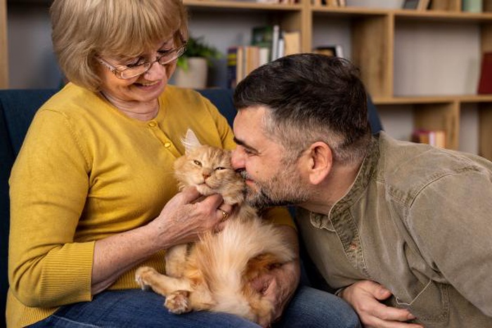 The senior couple interacts affectionately with the cat.