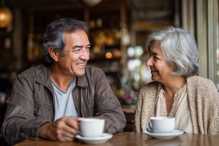 Deux seniors profitant d’un rendez-vous détendu à Seraing, partageant un moment authentique et chaleureux.