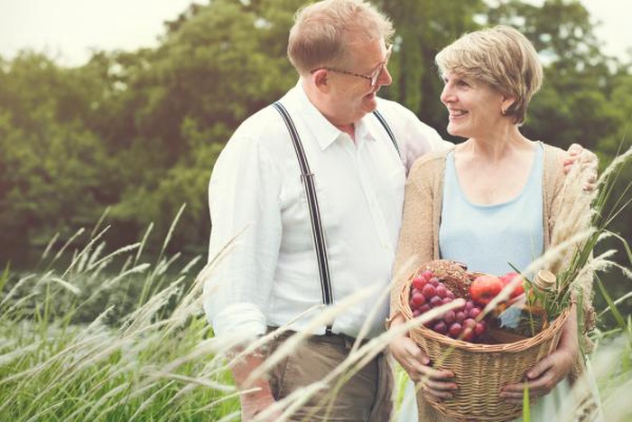 Senior couple holding picnic basket in nature