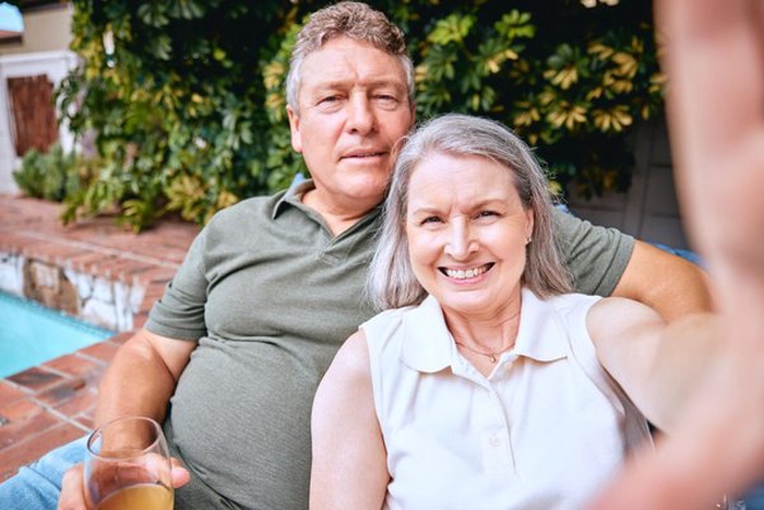 Selfie senior couple and smile outdoor happy