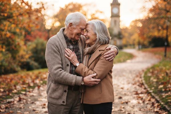 Loving senior couple embracing in an autumn