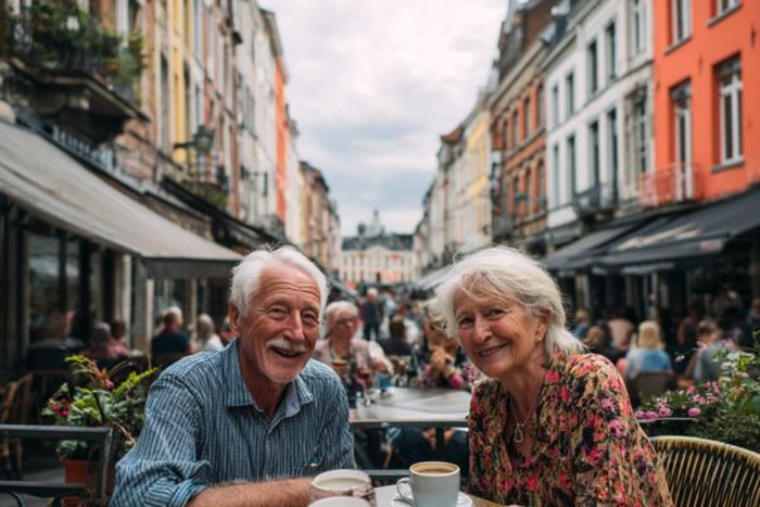 Un couple de seniors prenant un café en plein air à Saint-Gilles, Bruxelles.
