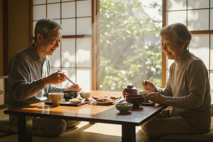 Elderly Couple Enjoying a Traditional Japanese Meal at Home