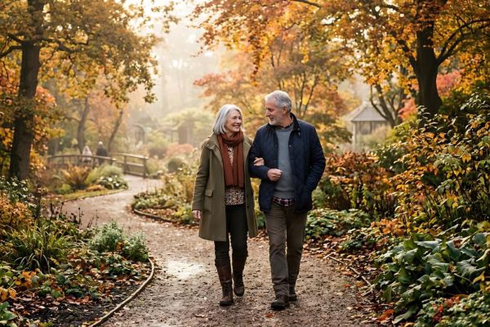 Older Couple Walking Hand-in-Hand in Autumn Park