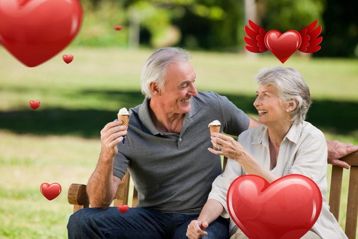 Composite image of senior couple eating an ice cream