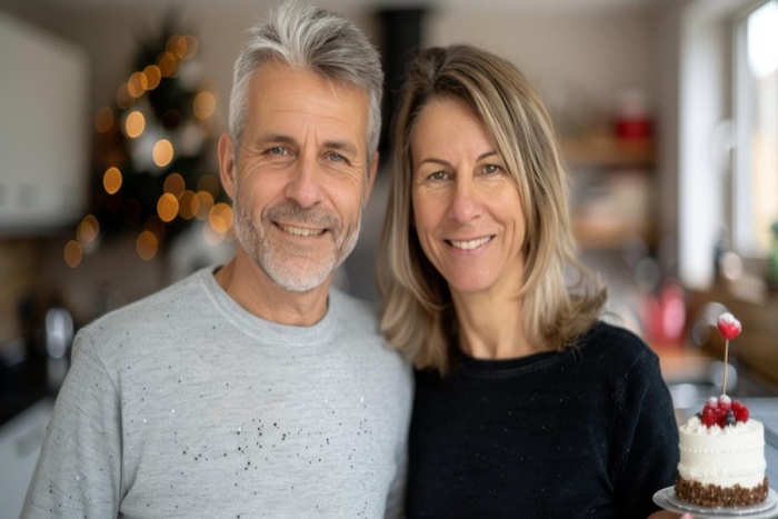  Happy couple celebrating christmas with cake in cozy indoor setting