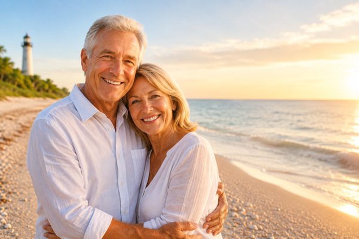 Mature couple walking along the beach in Sanibel, Florida during sunset