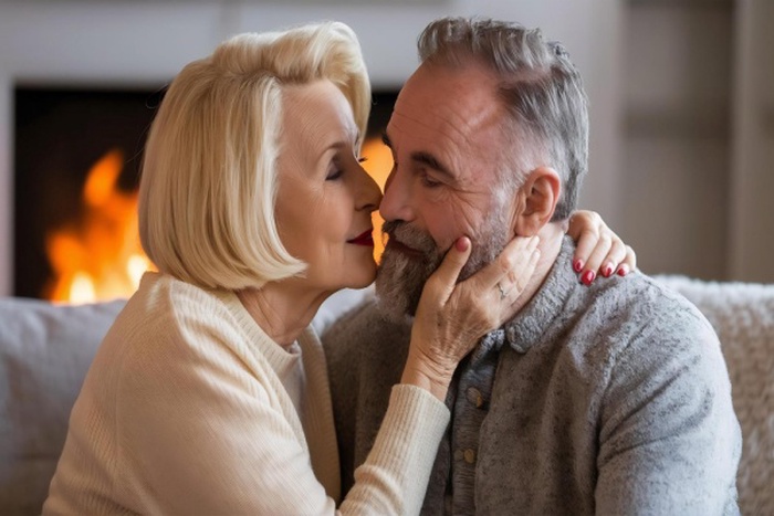 Affectionate elderly blonde woman going to kiss bearded husband in cheek expresses love