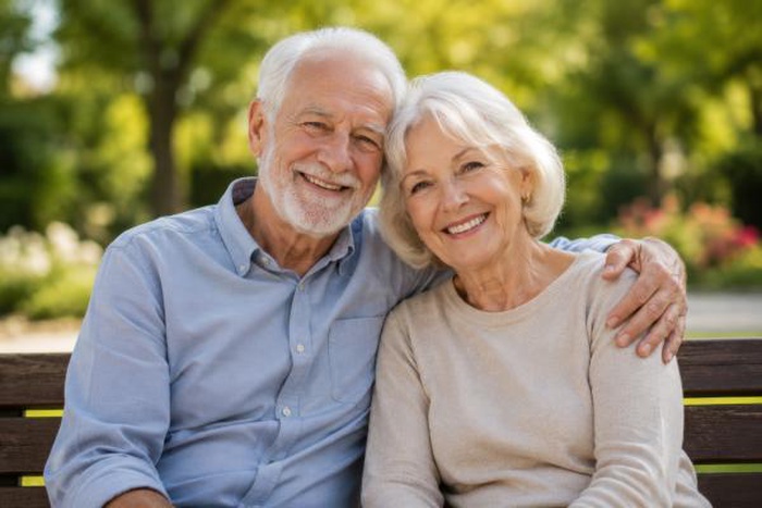 happy elderly couple sitting together on a park bench