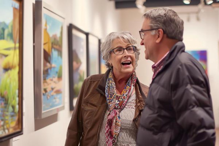 Local over-50 single man and woman enjoying art date for companionship and senior matchmaking