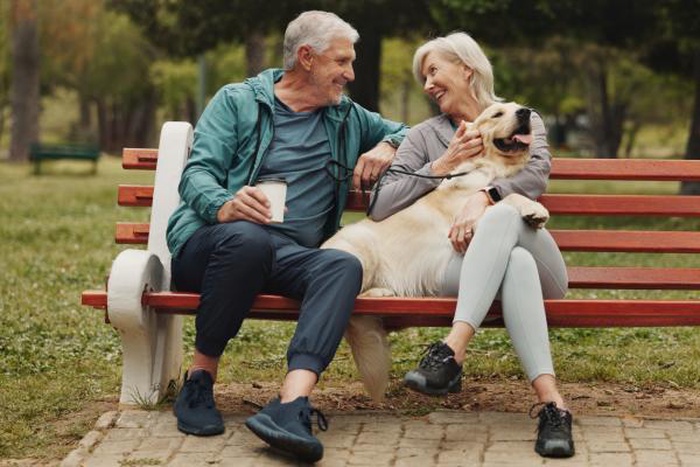 Cheerful senior couple relaxing on park bench with their golden retriever dog