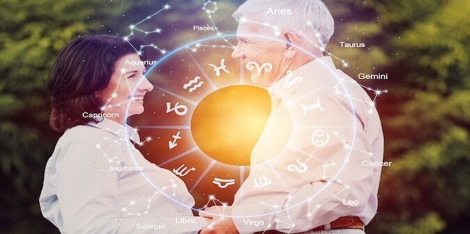 Horoscope astrology zodiac illustration with happy senior couple