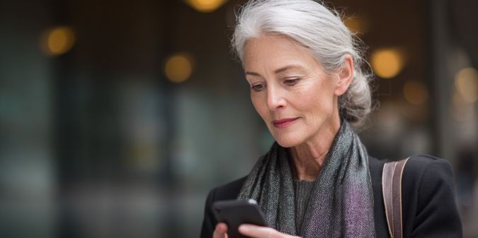 Woman over 50 using SeniorMatch Moments.