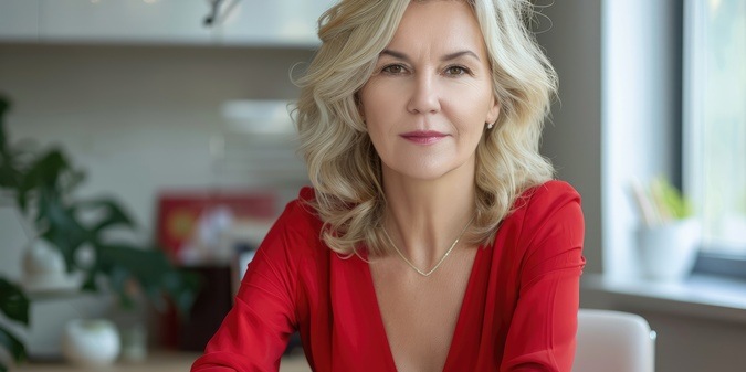 a woman with blonde hair and a red top sits at a table