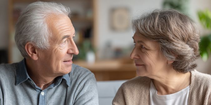 Senior couple talking, with one partner listening attentively.