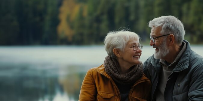 elderly couple smiling by serene lake