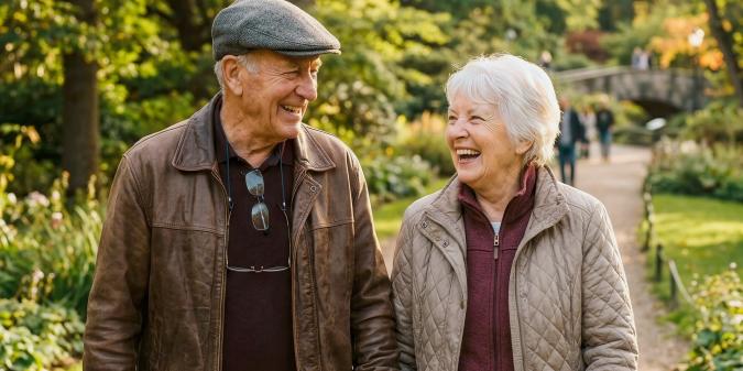 Senior couple walking together in park relaxed smiling