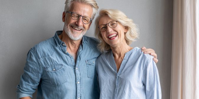 Two happy seniors smiling, representing the joy of overcoming dating burnout and finding meaningful senior companionship.
