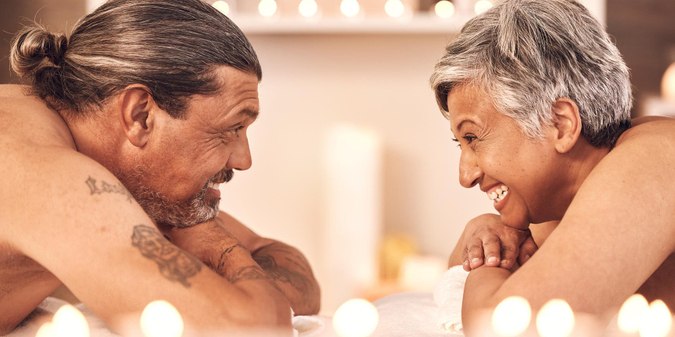 Happy massage and couple relax in spa