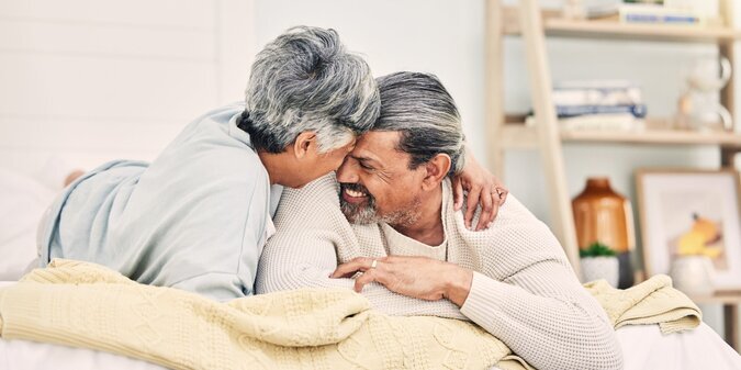 Love forehead or old couple in bedroom