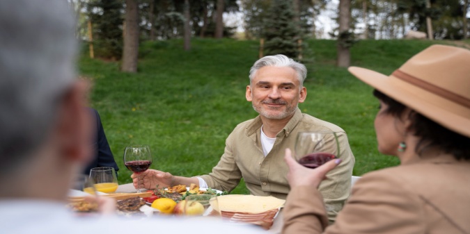 Couple talking happily outdoors