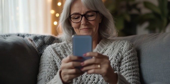 Relaxed mature old 60s woman holding smartphone